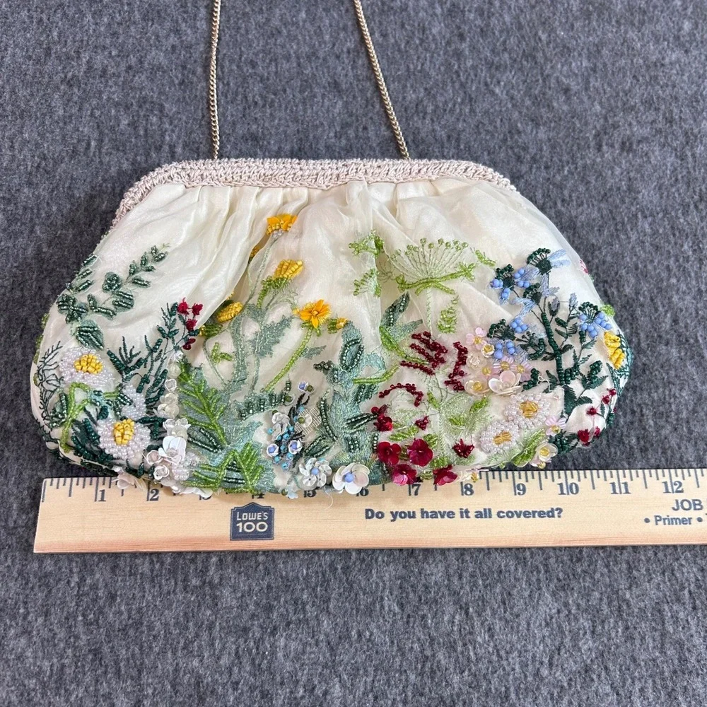 Floral Beaded Embroidered Evening Clutch Bag Cream Gold Chain Handcrafted